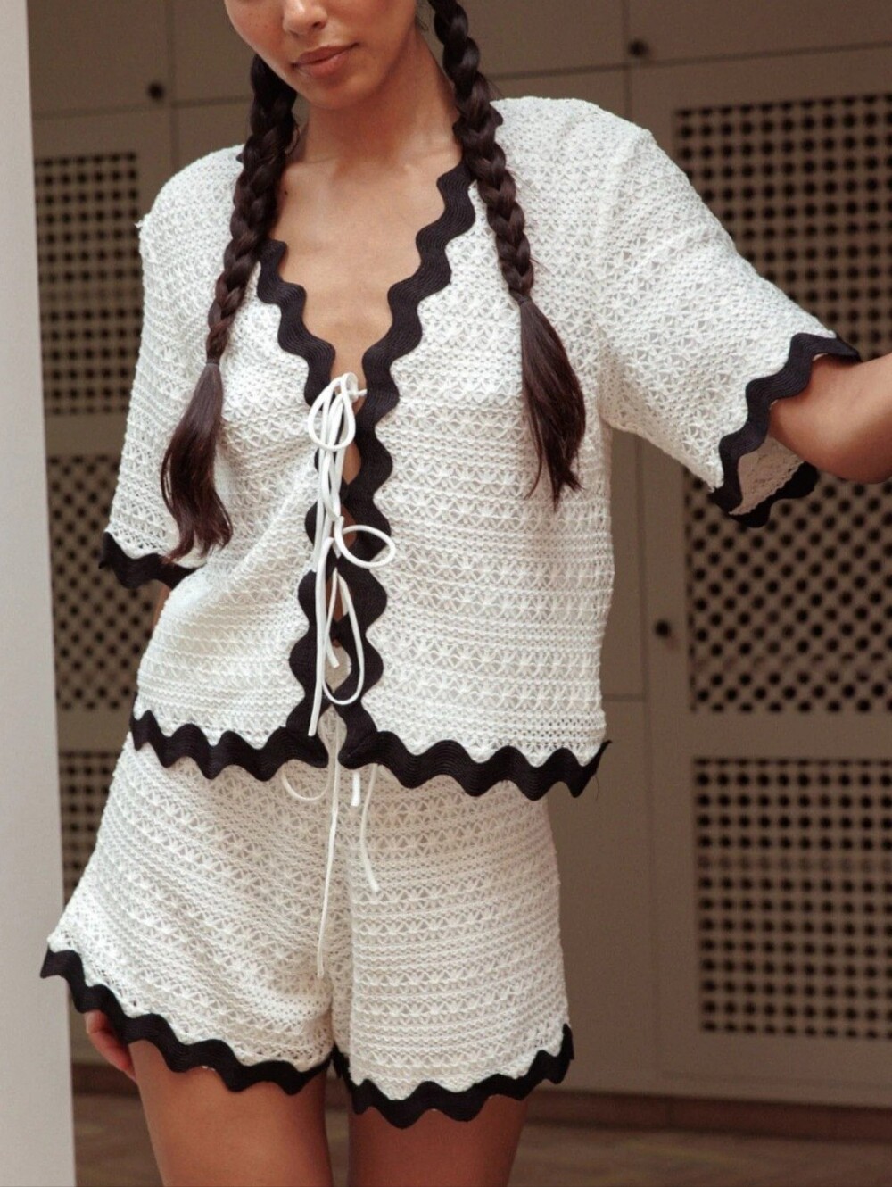 White Crochet Lounge Set with Black Trim - Women's Intimates